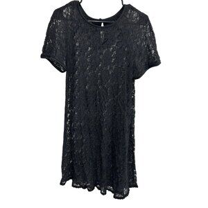 Black Lace Short-Sleeve A-Line Tunic Dress Satin Trim Sz S Whimsigoth Lacey